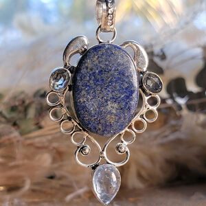 Enchanting Lapis Lazuli Pendant, Sterling Silver Necklace With Quartz Accents